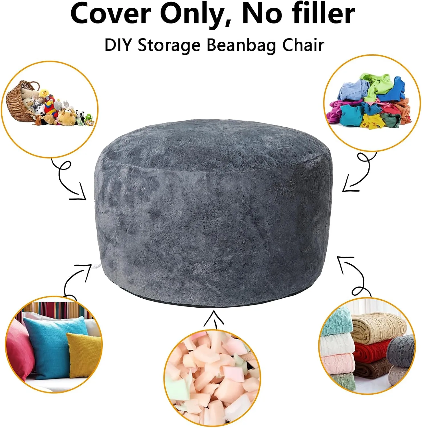 GAOMON Bean Bag Chair Cover in Dark Grey Durable and Comfortable - Fits Large Bean Bag Chairs, Faux Fur Sofa, and Living Room Sofa Bed (Cover Only, No Filler) - 5ft Size in PV Fur Material