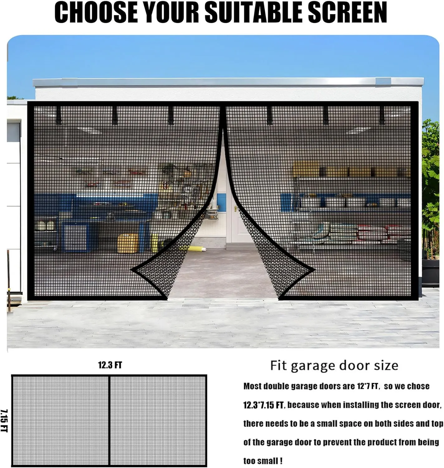 Garage Door Screen for 1 Car Garage-12x7FT Magnetic Garage Door Screen with 4 Roll Up Starps for Patio, Outdoor Black
