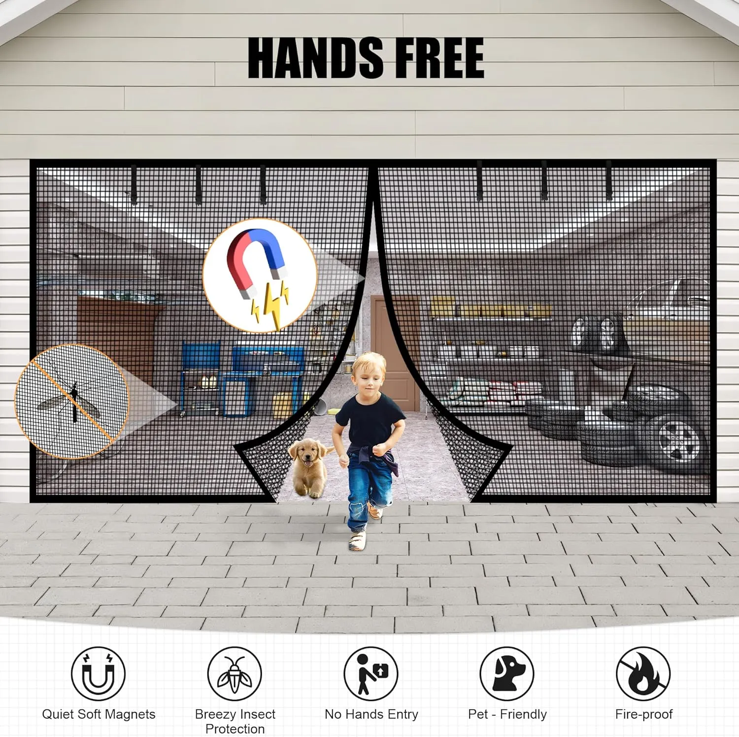 Garage Door Screen for 1 Car Garage-12x7FT Magnetic Garage Door Screen with 4 Roll Up Starps for Patio, Outdoor Black