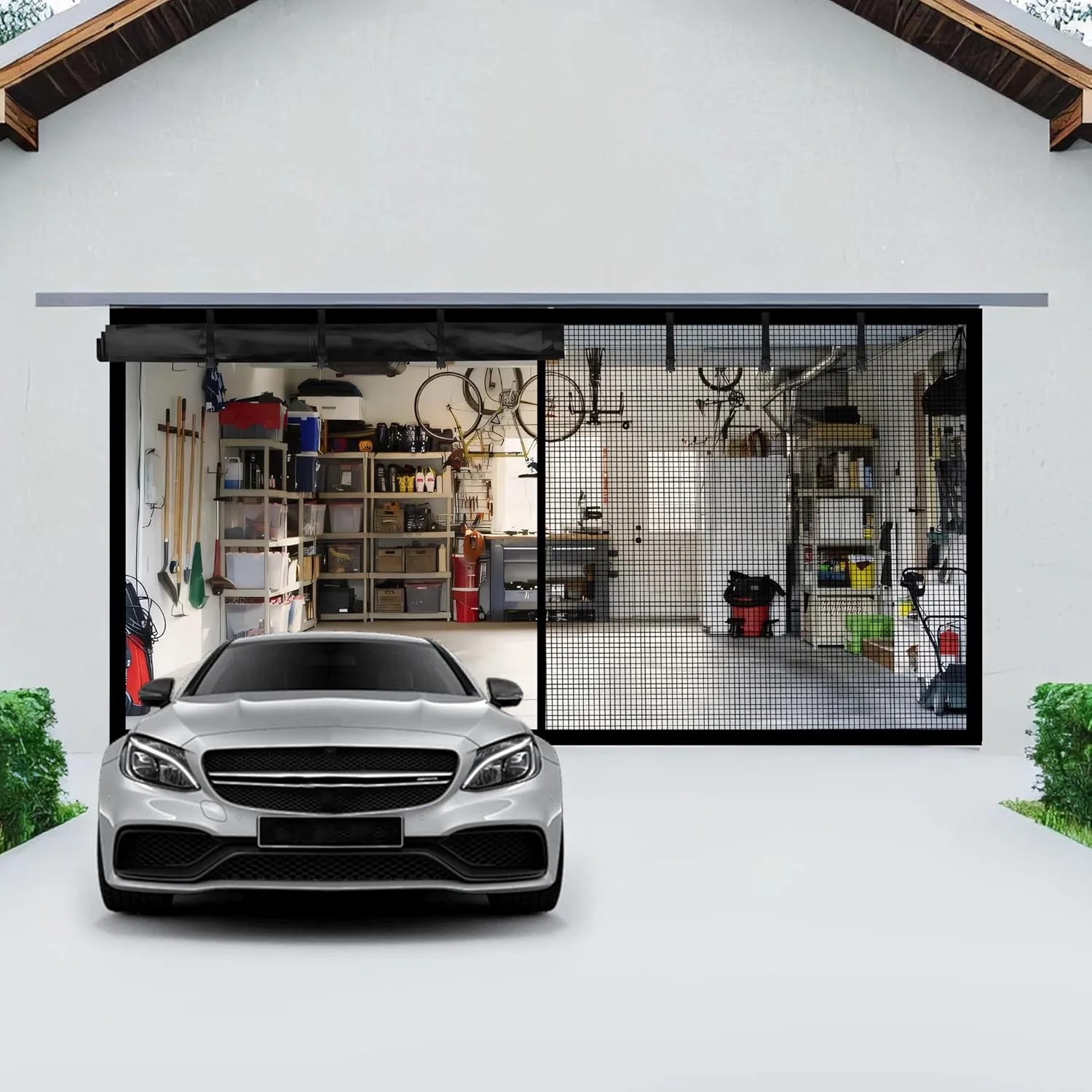 Garage Door Screen for 1 Car Garage-12x7FT Magnetic Garage Door Screen with 4 Roll Up Starps for Patio, Outdoor Black