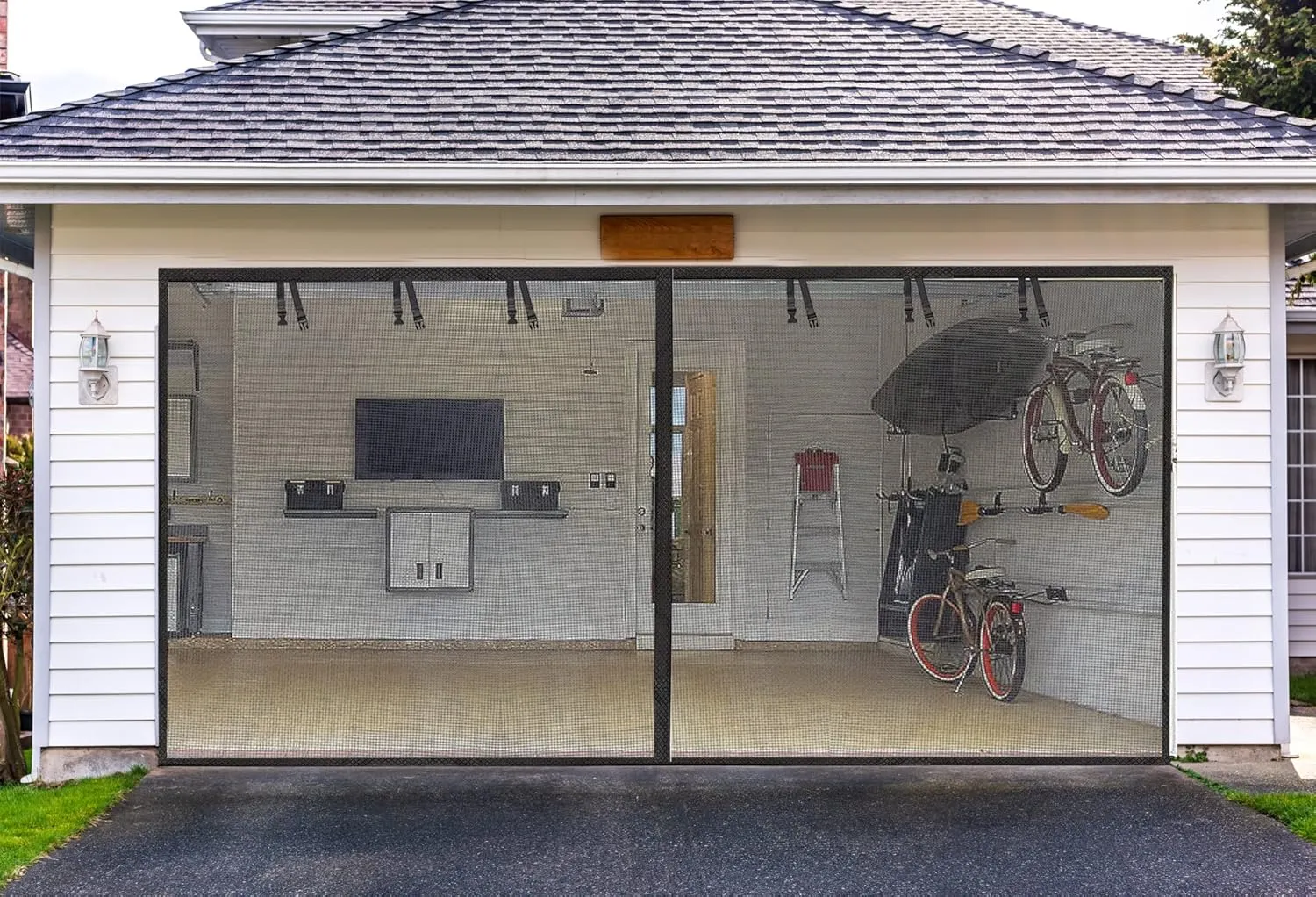 Garage Screen Doors for 2 car garage-15x8FT Fiberglass 2600g/5.9lb Durable Heavy Duty Magnetic Garage Door Screen Retractable Hands Free with 6 Roll Up Straps for Patio Workshop Home Gym Sun Room