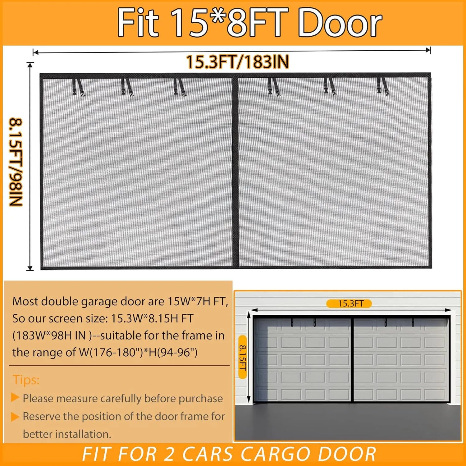 Garage Screen Doors for 2 car garage-15x8FT Fiberglass 2600g/5.9lb Durable Heavy Duty Magnetic Garage Door Screen Retractable Hands Free with 6 Roll Up Straps for Patio Workshop Home Gym Sun Room