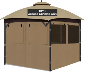 Gazebo Privacy Curtain 10'x10', Replacement Curtains with Mosquito Net Windows, 4-Panels Side Wall, Zippers, Waterproof Outdoor Curtains for Patio, Canopy, Garden and Backyard, Khaki (Curtain Only)