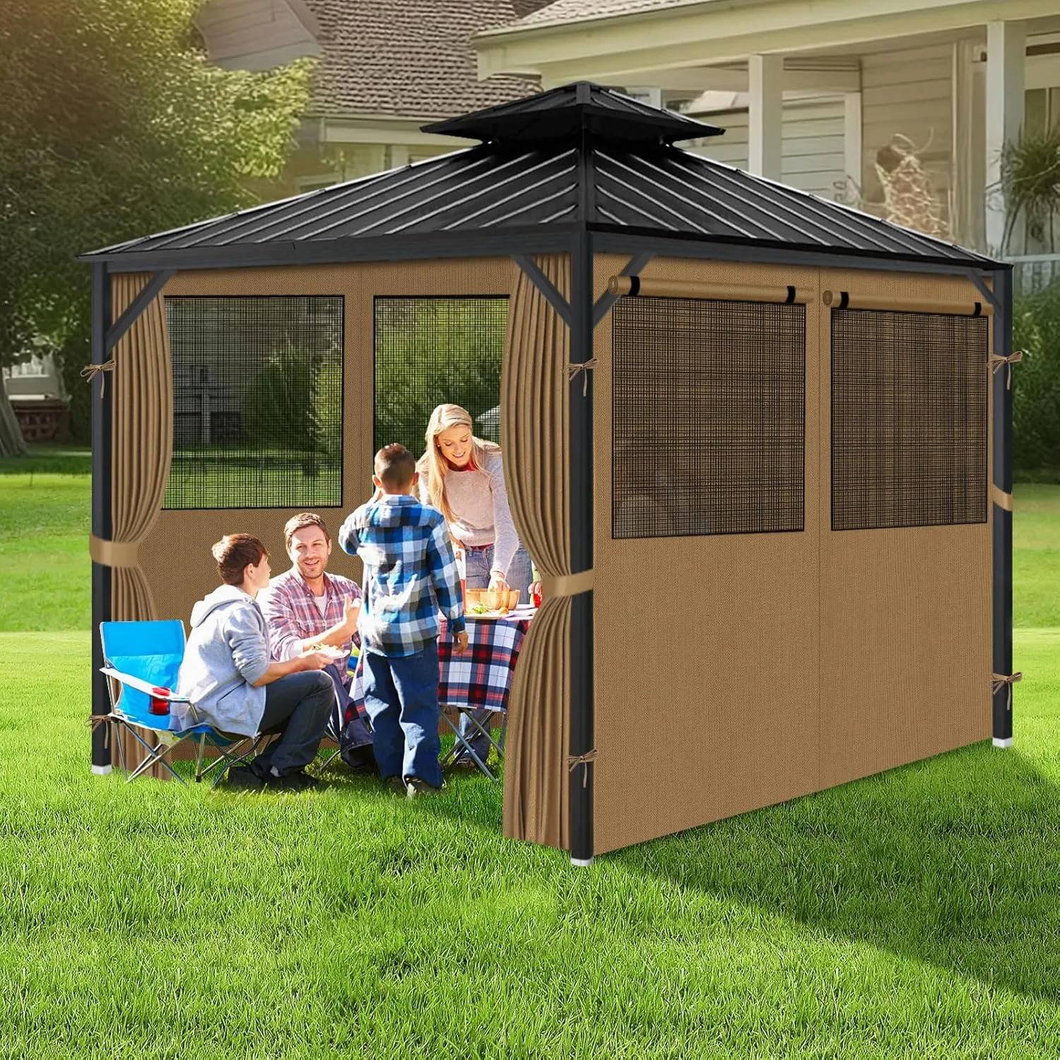 Gazebo Privacy Curtain 10'x10', Replacement Curtains with Mosquito Net Windows, 4-Panels Side Wall, Zippers, Waterproof Outdoor Curtains for Patio, Canopy, Garden and Backyard, Khaki (Curtain Only)