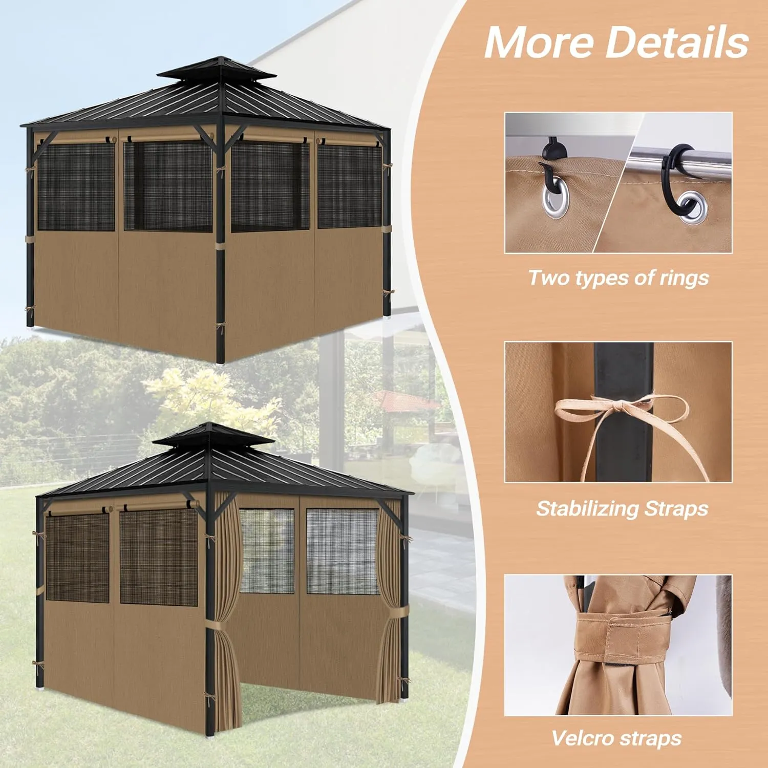 Gazebo Privacy Curtain 10'x10', Replacement Curtains with Mosquito Net Windows, 4-Panels Side Wall, Zippers, Waterproof Outdoor Curtains for Patio, Canopy, Garden and Backyard, Khaki (Curtain Only)