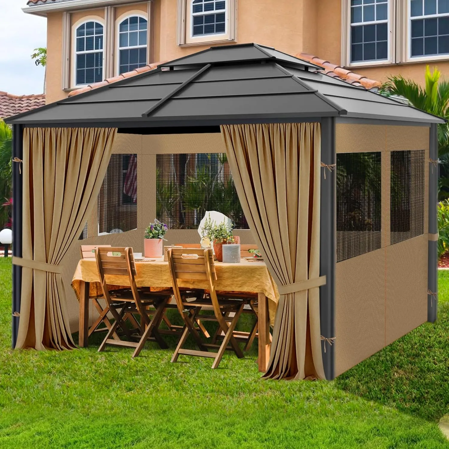 Gazebo Privacy Curtain 10'x10', Replacement Curtains with Mosquito Net Windows, 4-Panels Side Wall, Zippers, Waterproof Outdoor Curtains for Patio, Canopy, Garden and Backyard, Khaki (Curtain Only)