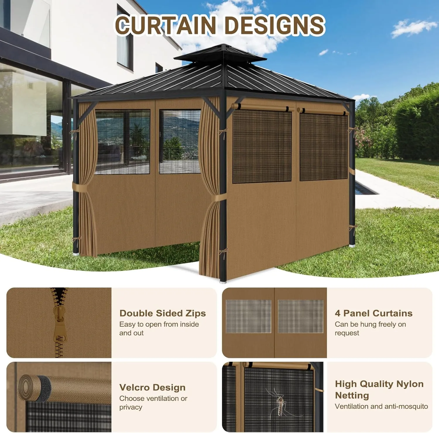 Gazebo Privacy Curtain 10'x10', Replacement Curtains with Mosquito Net Windows, 4-Panels Side Wall, Zippers, Waterproof Outdoor Curtains for Patio, Canopy, Garden and Backyard, Khaki (Curtain Only)