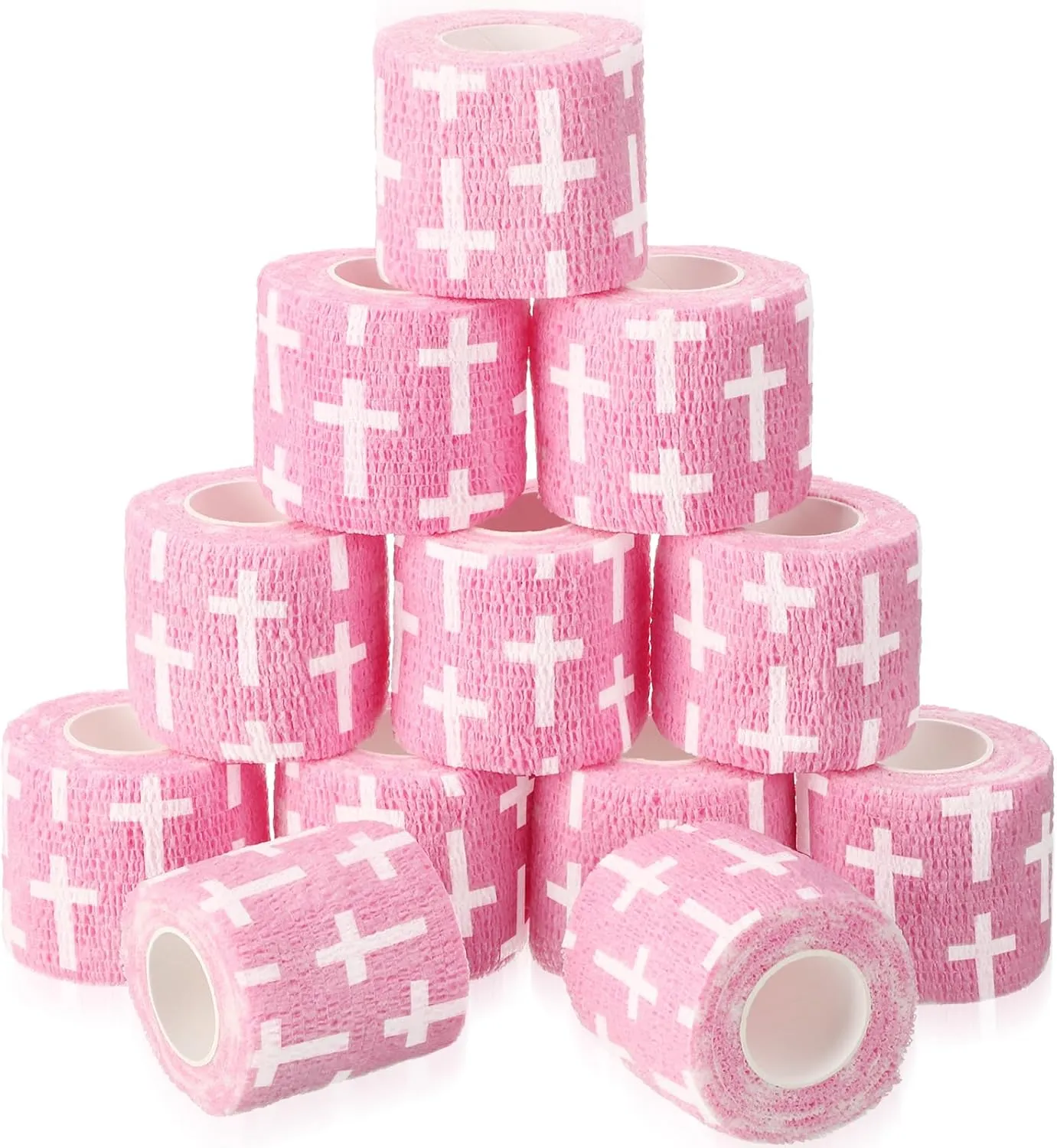 Geiserailie 12 Pack Christian Athletic Tapes 2 Inch x 5 Yards Self Adhesive Bandages Sports Wraps Breathable Elastic Wrap Non Woven Bandage for Wrist, Ankle, Baseball Football (Pink)