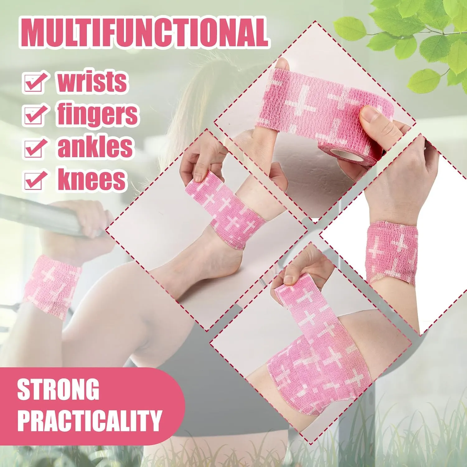 Geiserailie 12 Pack Christian Athletic Tapes 2 Inch x 5 Yards Self Adhesive Bandages Sports Wraps Breathable Elastic Wrap Non Woven Bandage for Wrist, Ankle, Baseball Football (Pink)
