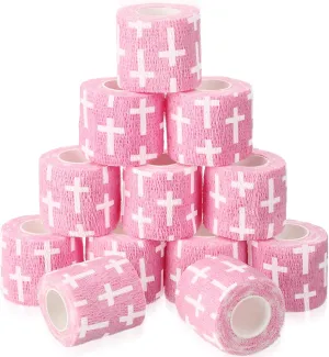 Geiserailie 12 Pack Christian Athletic Tapes 2 Inch x 5 Yards Self Adhesive Bandages Sports Wraps Breathable Elastic Wrap Non Woven Bandage for Wrist, Ankle, Baseball Football (Pink)