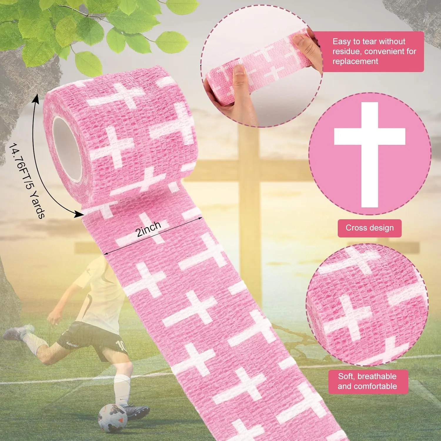 Geiserailie 12 Pack Christian Athletic Tapes 2 Inch x 5 Yards Self Adhesive Bandages Sports Wraps Breathable Elastic Wrap Non Woven Bandage for Wrist, Ankle, Baseball Football (Pink)
