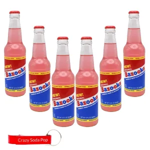 Generic Bazooka Soda | 6 Pack of Soda Pop with Real Cane Sugar | Classic Gum Flavor in Soda | 12 oz Glass Bottles with Crazy Soda Pop Bottle Opener