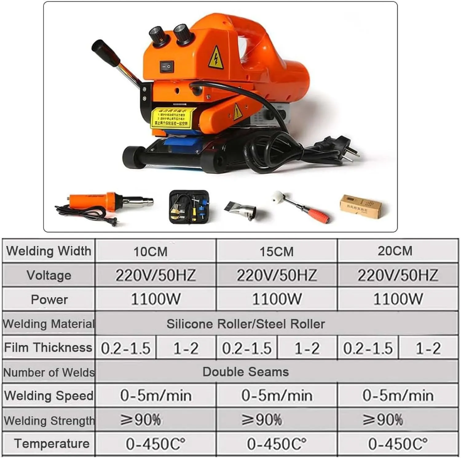 Geomembrane Welding Machine,1100w Plastic Membrane Hot Wedge Welder for Sealing Welding Pvc/EVA/Pe/Hdpe/Pp/Film Welding Machine,Silica Roller/Steel Roller(Double Pressure Roller) ,SteelRoller-10CM