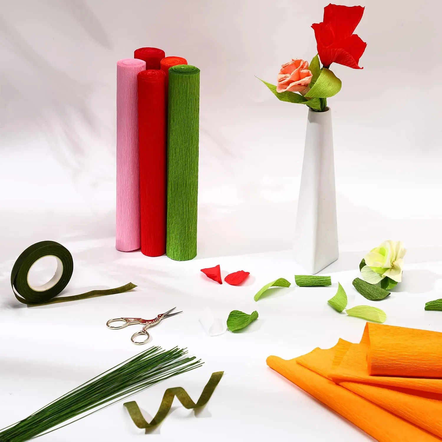 Gersoniel 57 Pcs Crepe Paper Flower DIY Kits 6 Rolls 35g Crepe Paper Sheets 50 Pcs Floral Iron Wire 10 Inch x 8 Feet 1 Roll 50 Meter for Birthday Party Wedding(Red Series)
