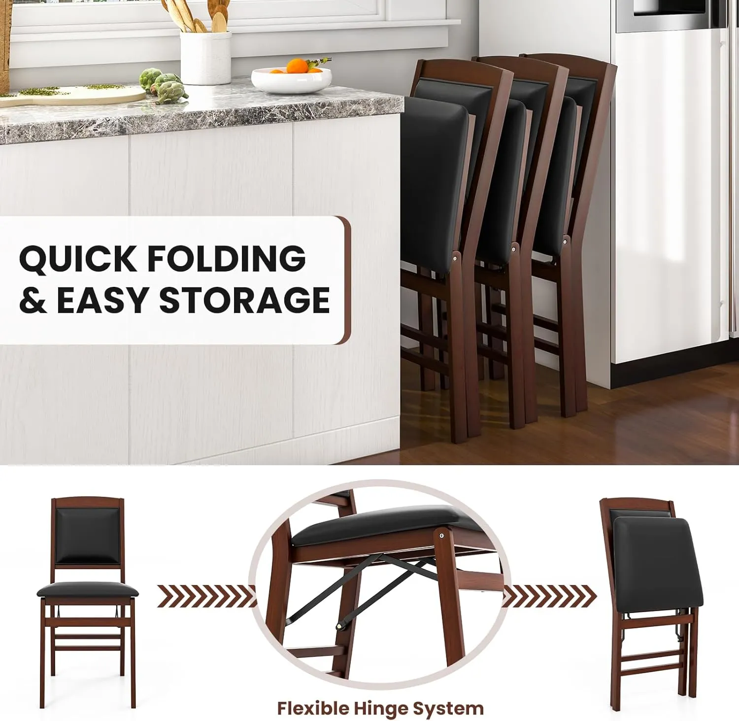 Giantex Folding Dining Chairs Set of 2, Foldable Wood Kitchen Chairs with Padded Seat, Solid Wood Frame, Max Load 400 Lbs, No Assembly Easy to Store Wooden Dining Chairs for Apartment, Small Space