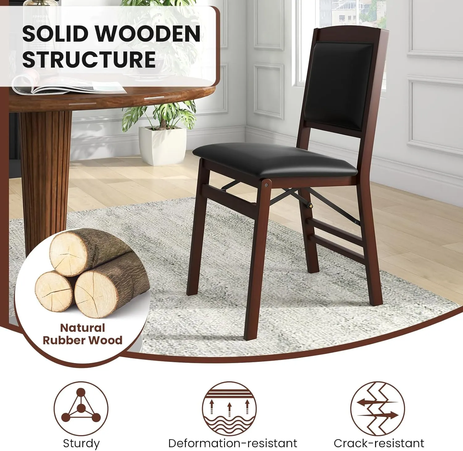 Giantex Folding Dining Chairs Set of 2, Foldable Wood Kitchen Chairs with Padded Seat, Solid Wood Frame, Max Load 400 Lbs, No Assembly Easy to Store Wooden Dining Chairs for Apartment, Small Space