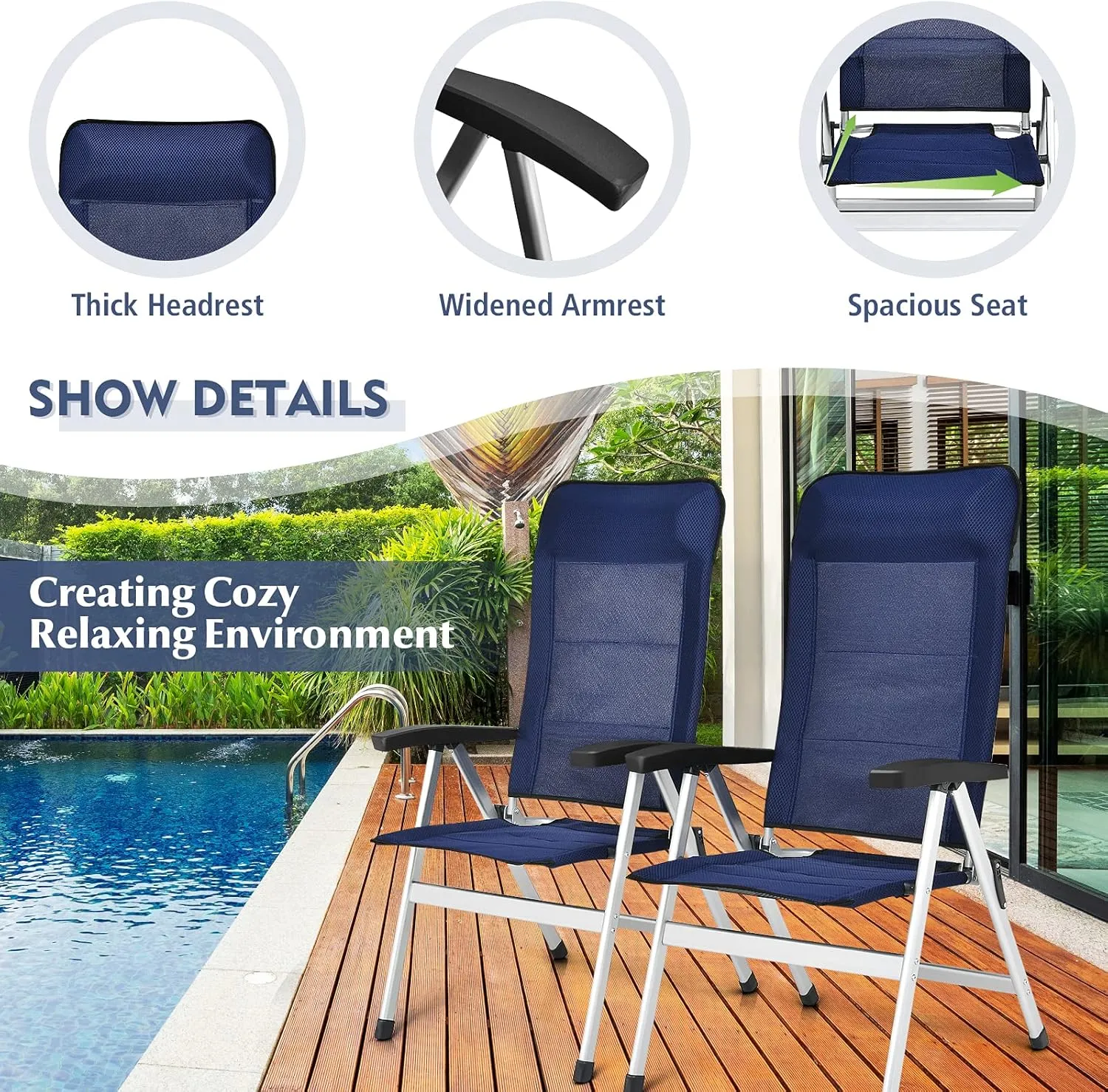 Giantex Set of 2 Patio Chairs, Folding Outdoor Chairs, High Back Recliner with Headrest and Armrests 7 Levels Adjustable Camping Chairs Safe Lock Lawn Chairs Porch Balcony Furniture, Blue