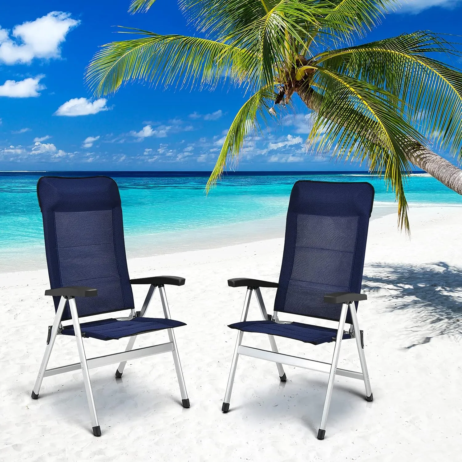 Giantex Set of 2 Patio Chairs, Folding Outdoor Chairs, High Back Recliner with Headrest and Armrests 7 Levels Adjustable Camping Chairs Safe Lock Lawn Chairs Porch Balcony Furniture, Blue