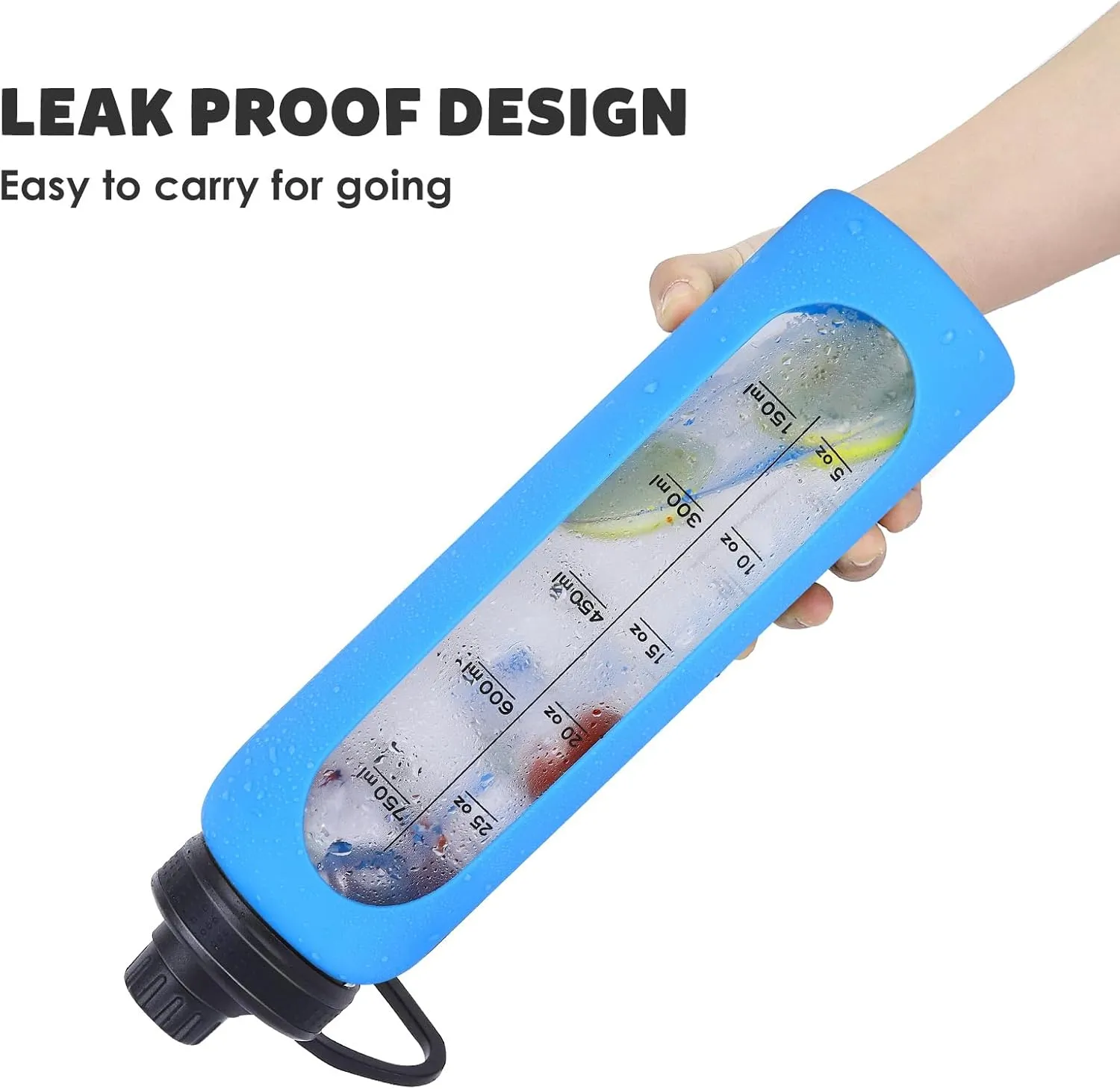 GIEMIT Glass Water Bottles 32oz with Silicone Sleeve Drinking Hydration Bottles Reusable Borosilicate Wide Mouth Motivational Water Flask Canteen with Time Marker Spout Lid and Brush (Blue)