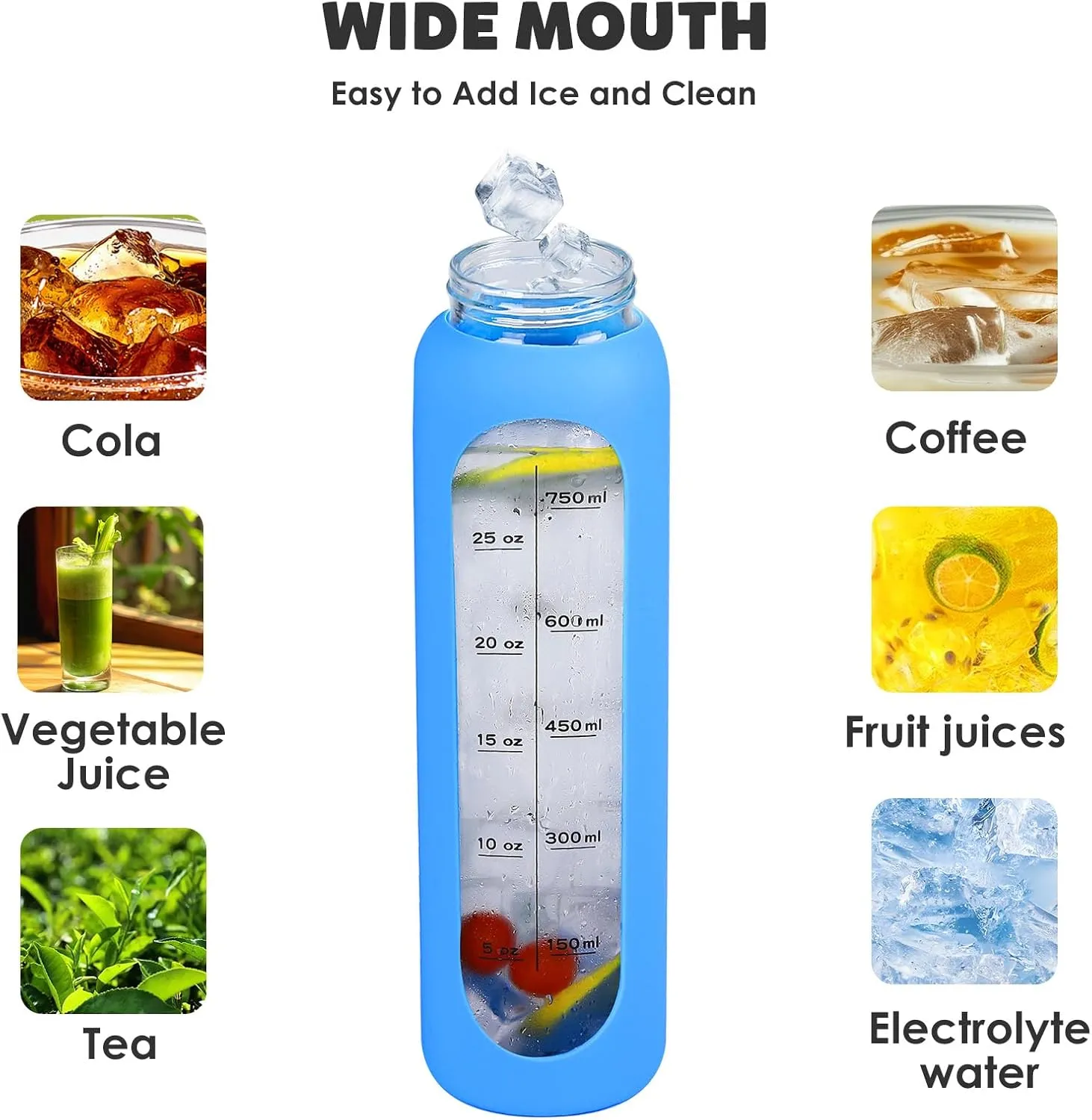 GIEMIT Glass Water Bottles 32oz with Silicone Sleeve Drinking Hydration Bottles Reusable Borosilicate Wide Mouth Motivational Water Flask Canteen with Time Marker Spout Lid and Brush (Blue)