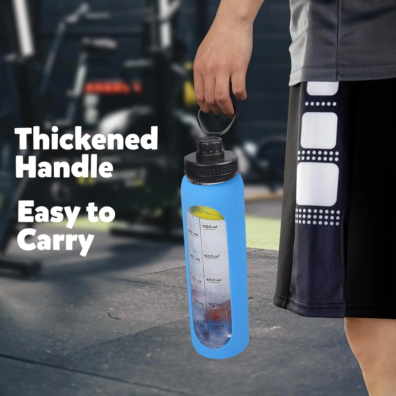 GIEMIT Glass Water Bottles 32oz with Silicone Sleeve Drinking Hydration Bottles Reusable Borosilicate Wide Mouth Motivational Water Flask Canteen with Time Marker Spout Lid and Brush (Blue)