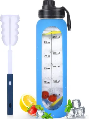 GIEMIT Glass Water Bottles 32oz with Silicone Sleeve Drinking Hydration Bottles Reusable Borosilicate Wide Mouth Motivational Water Flask Canteen with Time Marker Spout Lid and Brush (Blue)