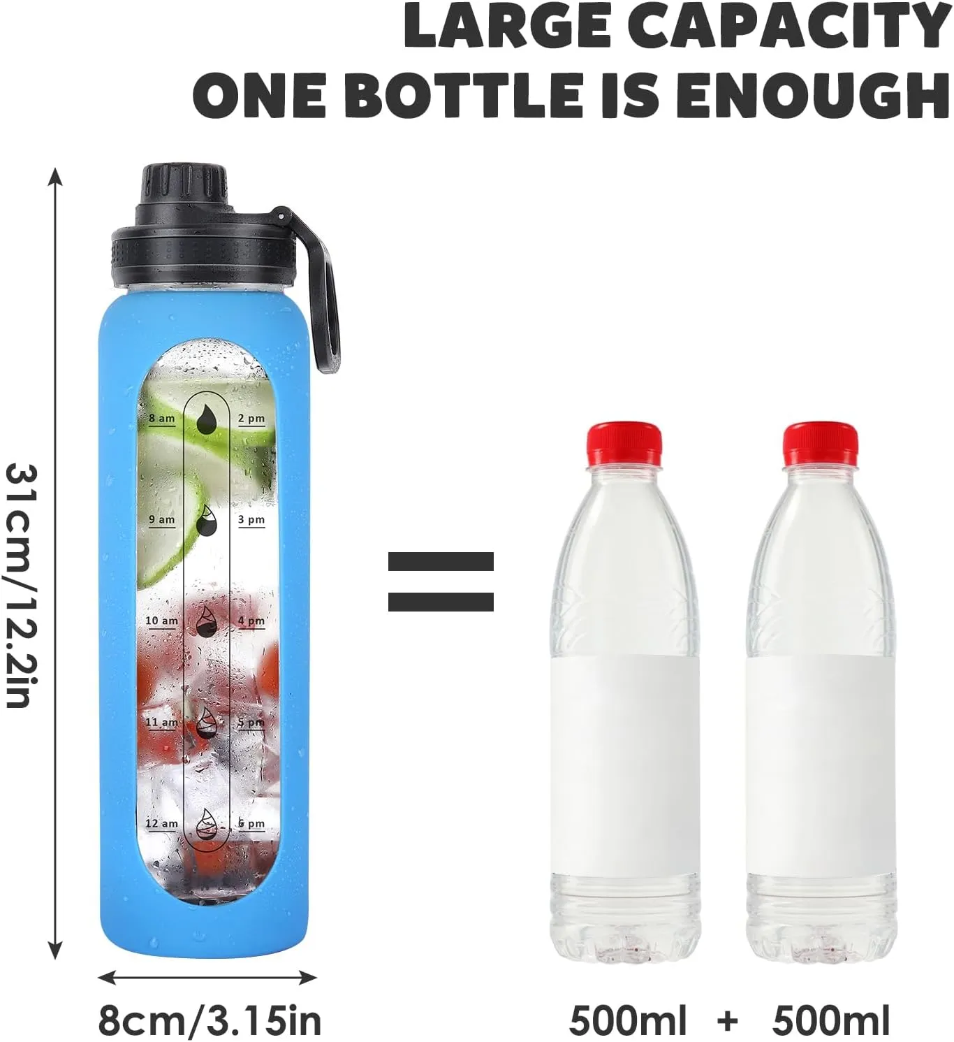 GIEMIT Glass Water Bottles 32oz with Silicone Sleeve Drinking Hydration Bottles Reusable Borosilicate Wide Mouth Motivational Water Flask Canteen with Time Marker Spout Lid and Brush (Blue)