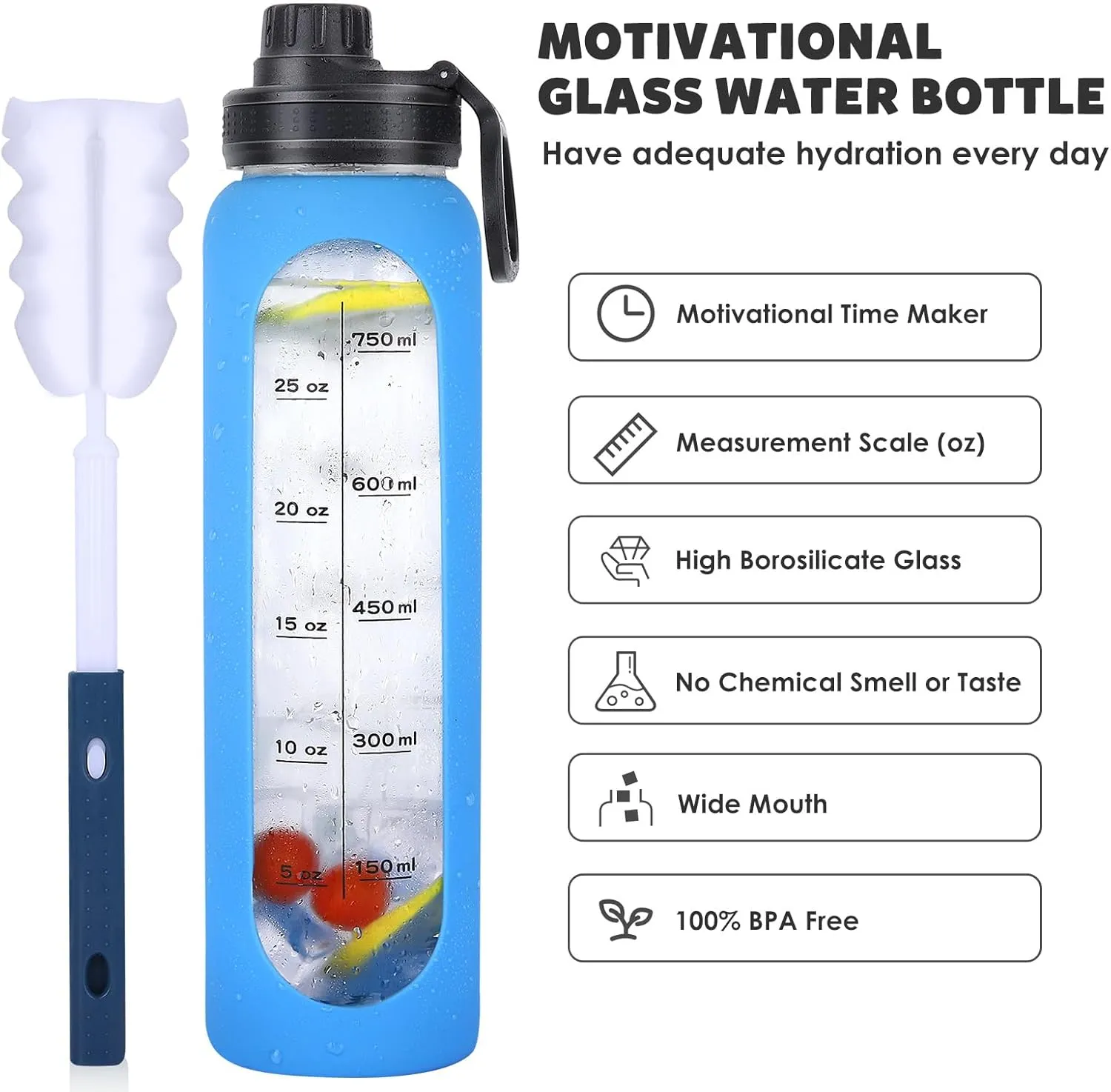 GIEMIT Glass Water Bottles 32oz with Silicone Sleeve Drinking Hydration Bottles Reusable Borosilicate Wide Mouth Motivational Water Flask Canteen with Time Marker Spout Lid and Brush (Blue)