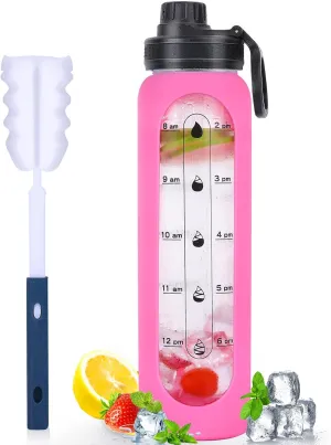 GIEMIT Glass Water Bottles 32oz with Silicone Sleeve Drinking Hydration Bottles Reusable Borosilicate Wide Mouth Motivational Water Flask Canteen with Time Marker Spout Lid and Brush (Rose Red-32 oz)