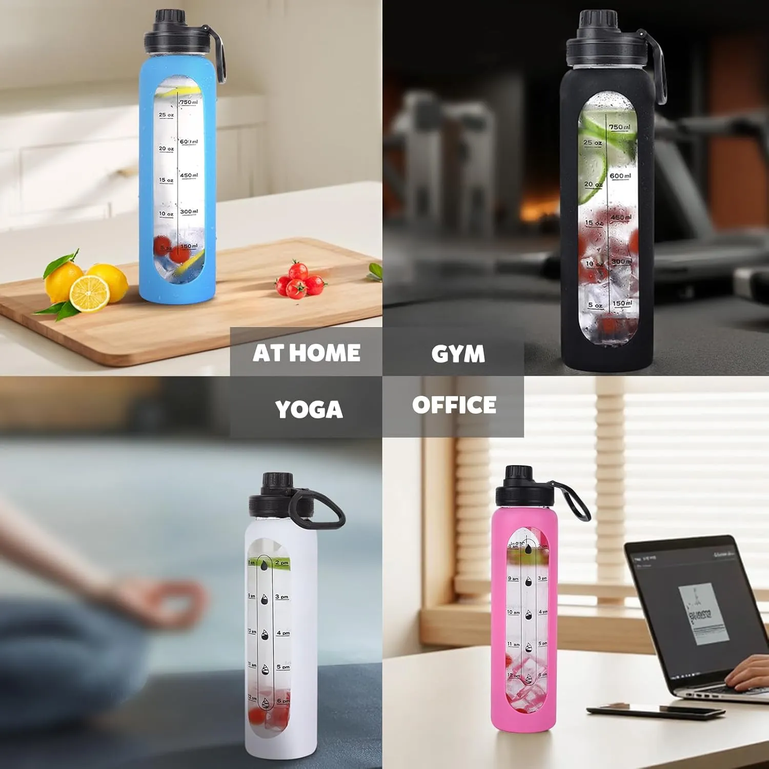GIEMIT Glass Water Bottles 32oz with Silicone Sleeve Drinking Hydration Bottles Reusable Borosilicate Wide Mouth Motivational Water Flask Canteen with Time Marker Spout Lid and Brush (Rose Red-32 oz)
