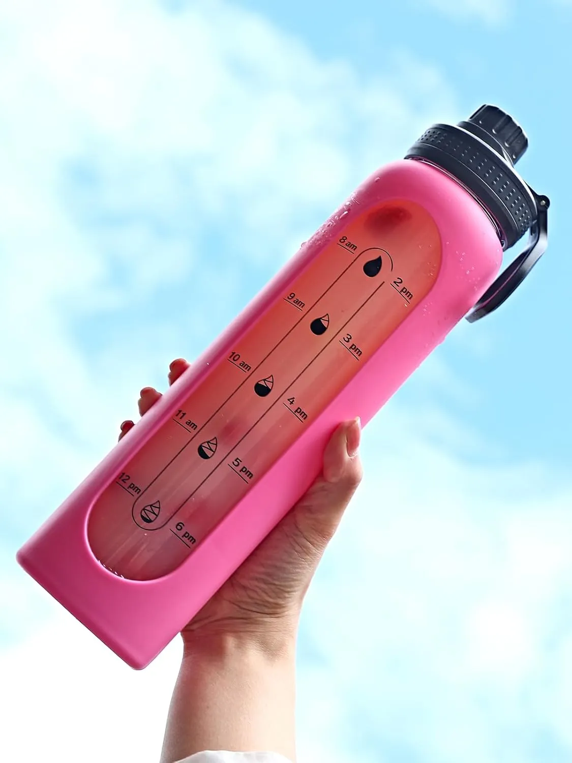 GIEMIT Glass Water Bottles 32oz with Silicone Sleeve Drinking Hydration Bottles Reusable Borosilicate Wide Mouth Motivational Water Flask Canteen with Time Marker Spout Lid and Brush (Rose Red-32 oz)
