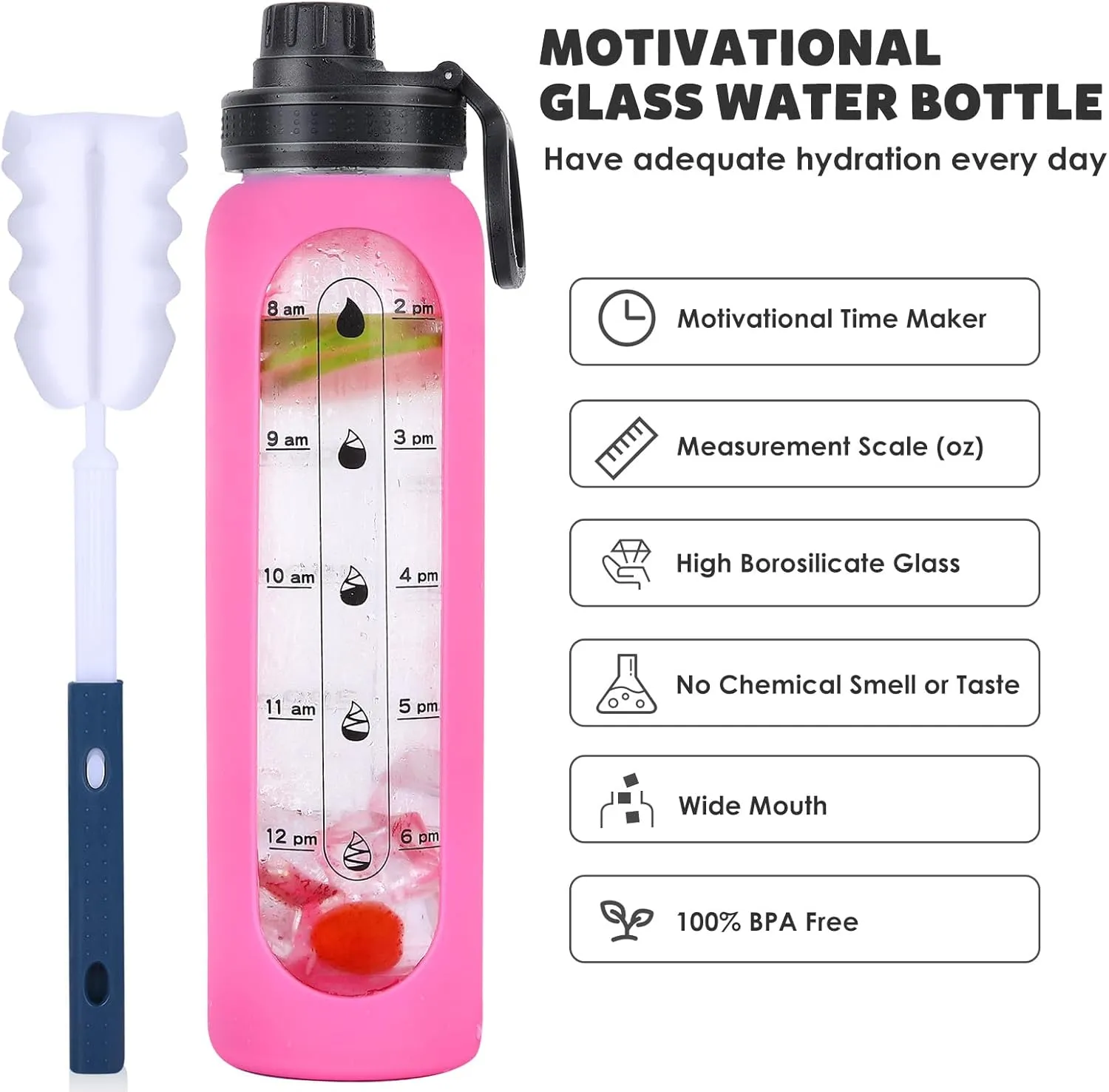 GIEMIT Glass Water Bottles 32oz with Silicone Sleeve Drinking Hydration Bottles Reusable Borosilicate Wide Mouth Motivational Water Flask Canteen with Time Marker Spout Lid and Brush (Rose Red-32 oz)
