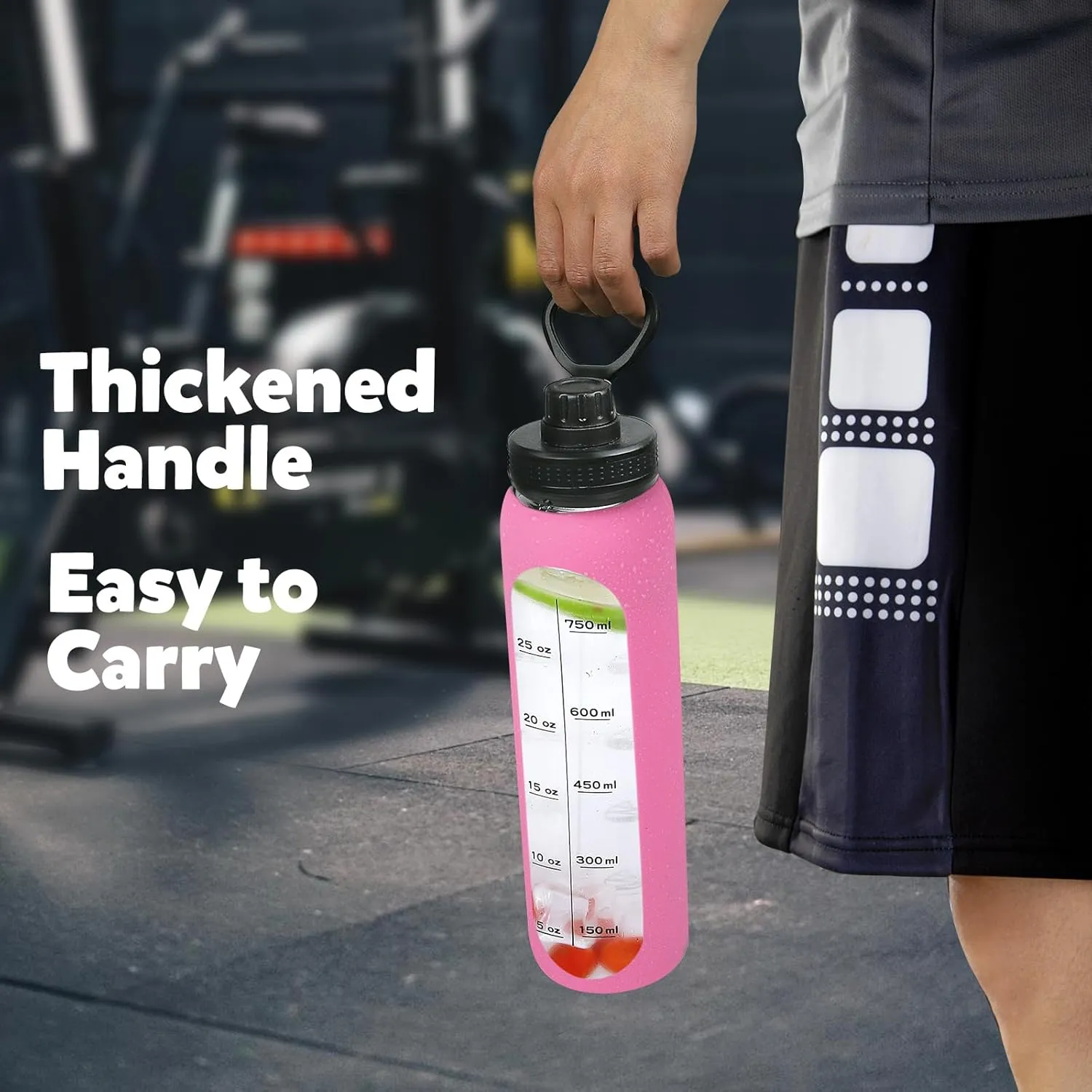 GIEMIT Glass Water Bottles 32oz with Silicone Sleeve Drinking Hydration Bottles Reusable Borosilicate Wide Mouth Motivational Water Flask Canteen with Time Marker Spout Lid and Brush (Rose Red-32 oz)