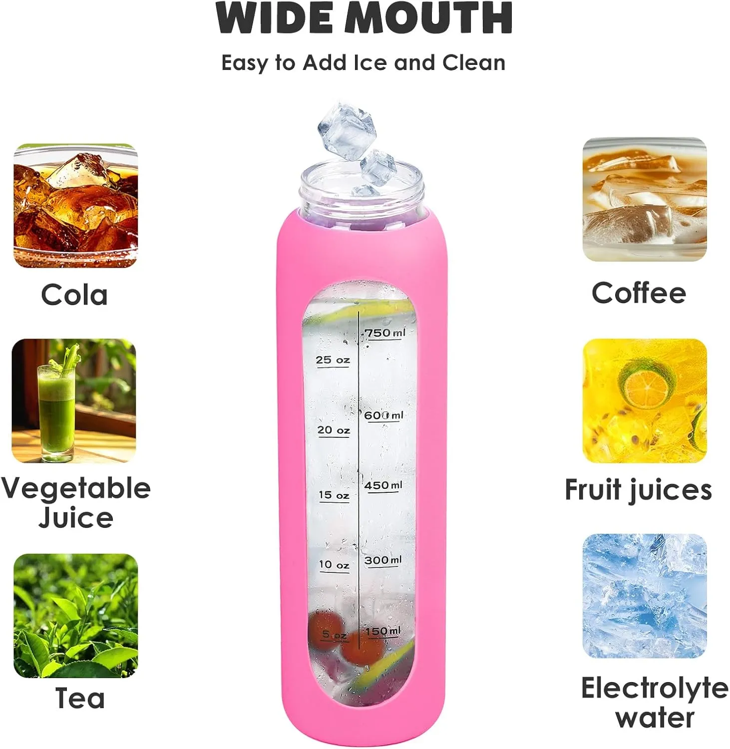 GIEMIT Glass Water Bottles 32oz with Silicone Sleeve Drinking Hydration Bottles Reusable Borosilicate Wide Mouth Motivational Water Flask Canteen with Time Marker Spout Lid and Brush (Rose Red-32 oz)