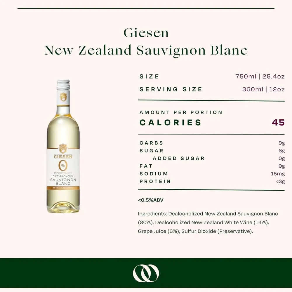 Giesen Dealcoholized Sauvignon Blanc, Non-Alcoholic White Wine, Fresh Aromatics, Crisp, Clean Flavors, Marlborough, New Zealand, 750ml (750ml, 1)