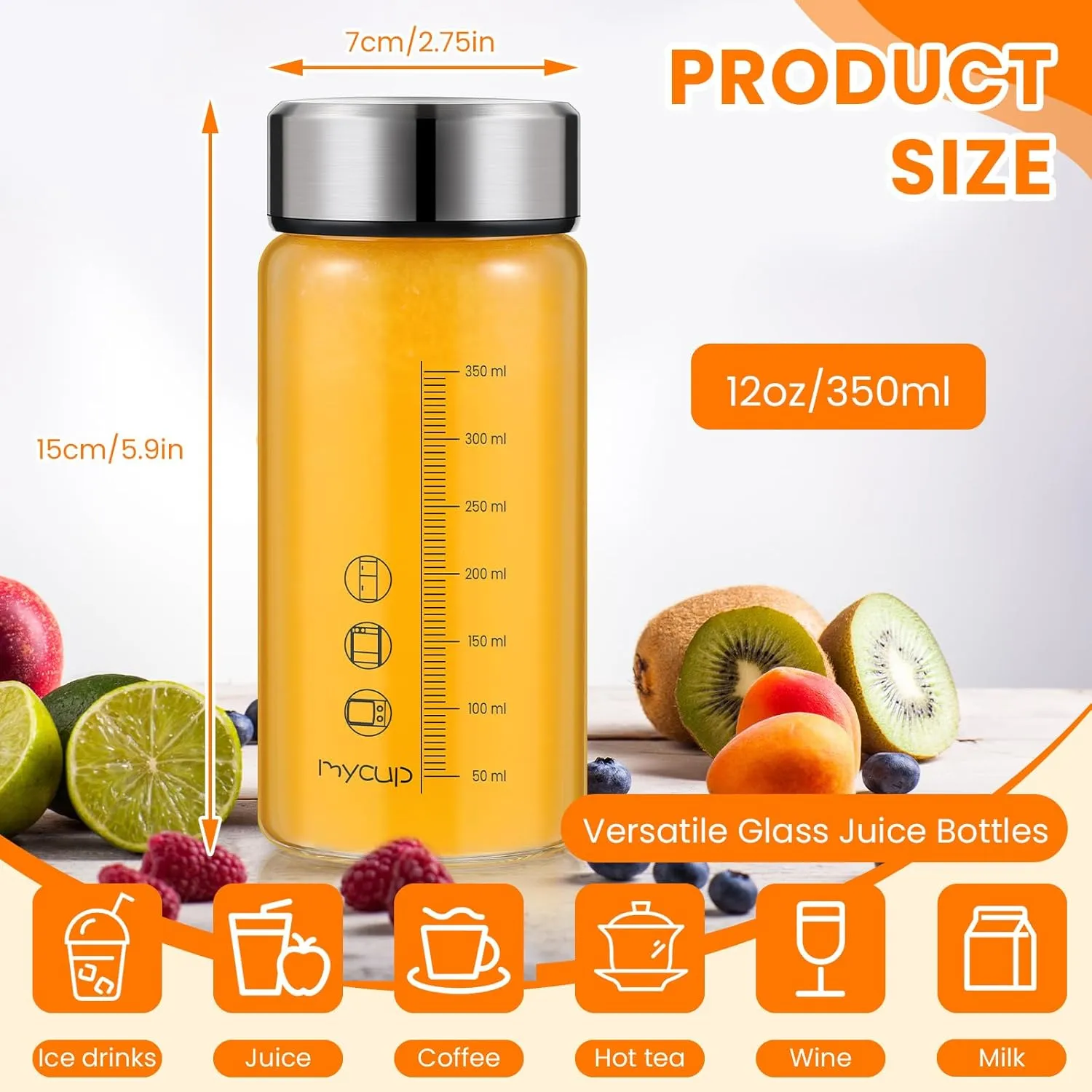 Glass Juice Bottles 12 oz Wide Mouth Glass Water Bottles with Lids Scale Marker Leak Proof Reusable Shaker Containers for Juicing Smoothies Milk Protein