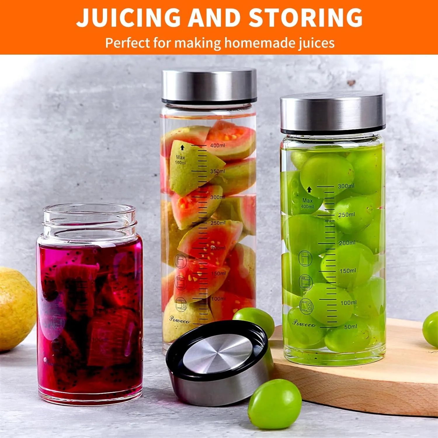 Glass Juice Bottles 4 Pack 10 oz - Wide Mouth Glass Water Bottles with Lids - for Juicing, Protein, Smoothie, Milk, Reusable, BPA Free, Stainless Steel Lids, Blender, Shaker Bottle (10oz/300ml)