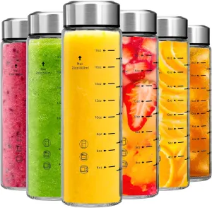 Glass Juice Bottles 6 Pack 20 oz - Wide Mouth Glass Water Bottles with Lids - Borosilicate,Stainless Steel Lids for Juicing, Smoothies, Infused Water, Beverage Storage, Leakproof, Reusable,BPA Free