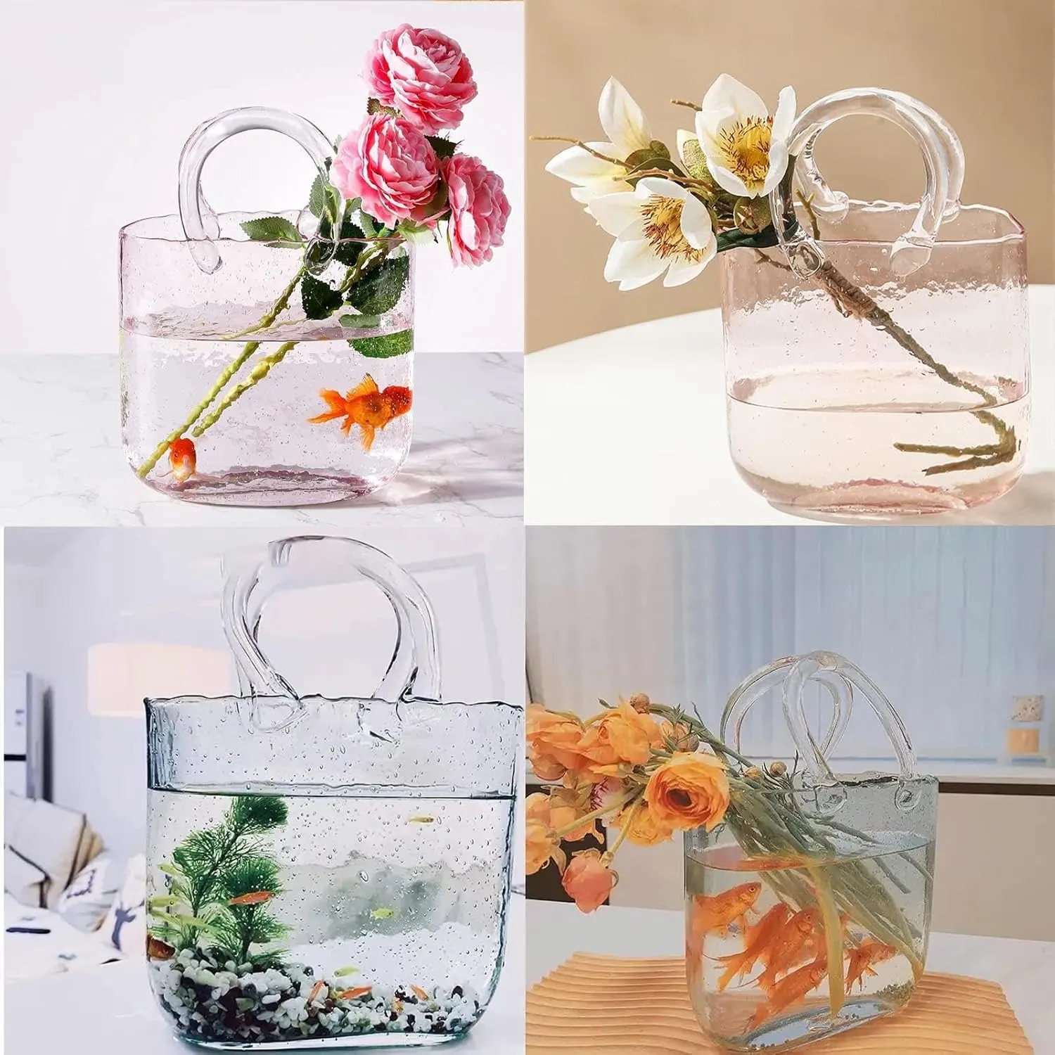 Glass Purse Vase, Glass Purse Vases with Handle Design Purse Vase with Fish Bowl Handbag Vases for Flowers, for Home Décor,Enterpiece,Events,Office,Garden,Wedding,Style1-Transparent