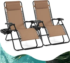 Goplus Zero Gravity Lounge Chairs, 160°Adjustable Folding Recliner w/Pillow and Cup Holder, 350LBS Comfy Outdoor Lounge Chairs for Patio, Lawn, Yard & Camp(Set of 2, Beige)
