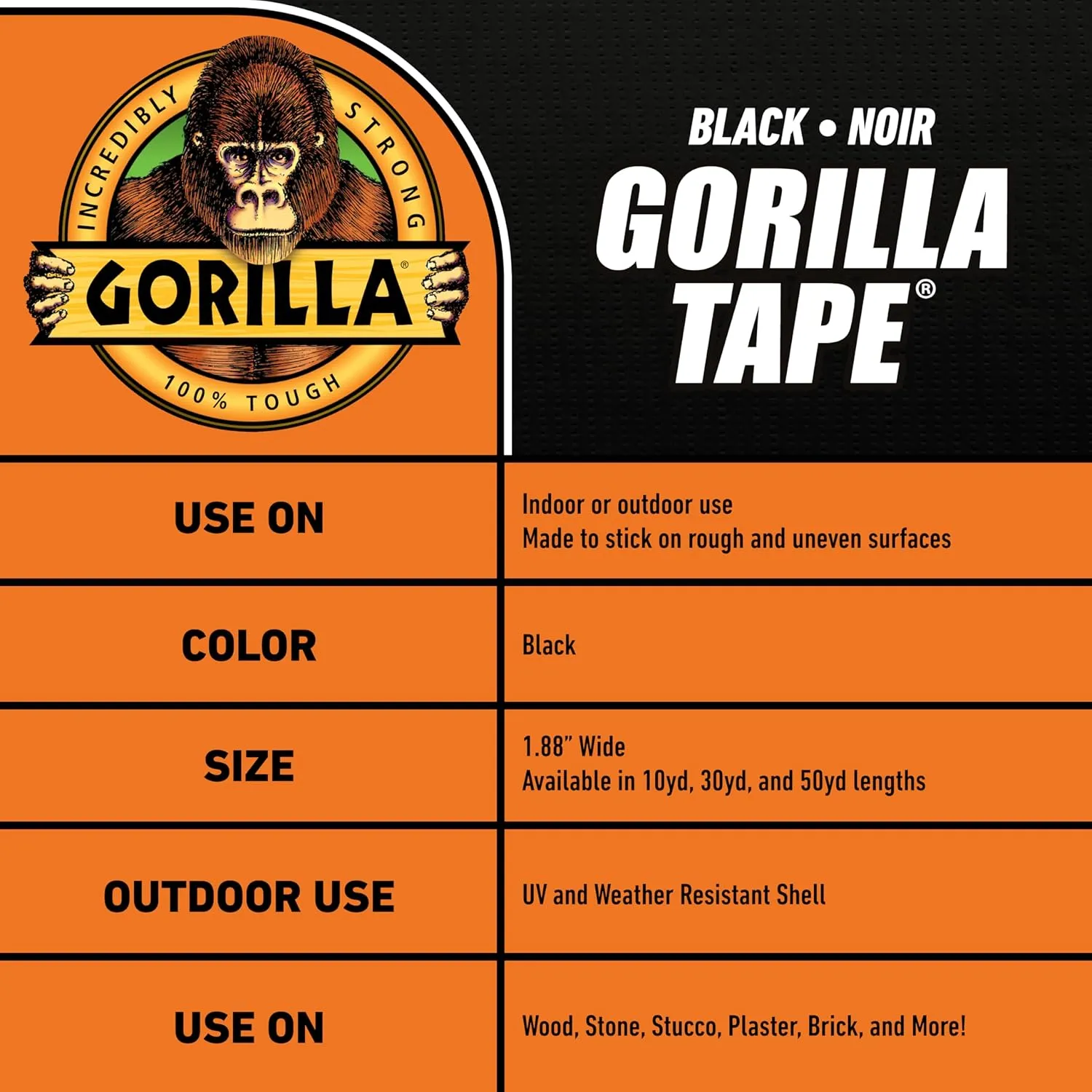 Gorilla Duct Tape, Black Tape, 1.88" x 35 yd (Pack of 1) - Heavy Duty and Weather Resistant for Indoor or Outdoor