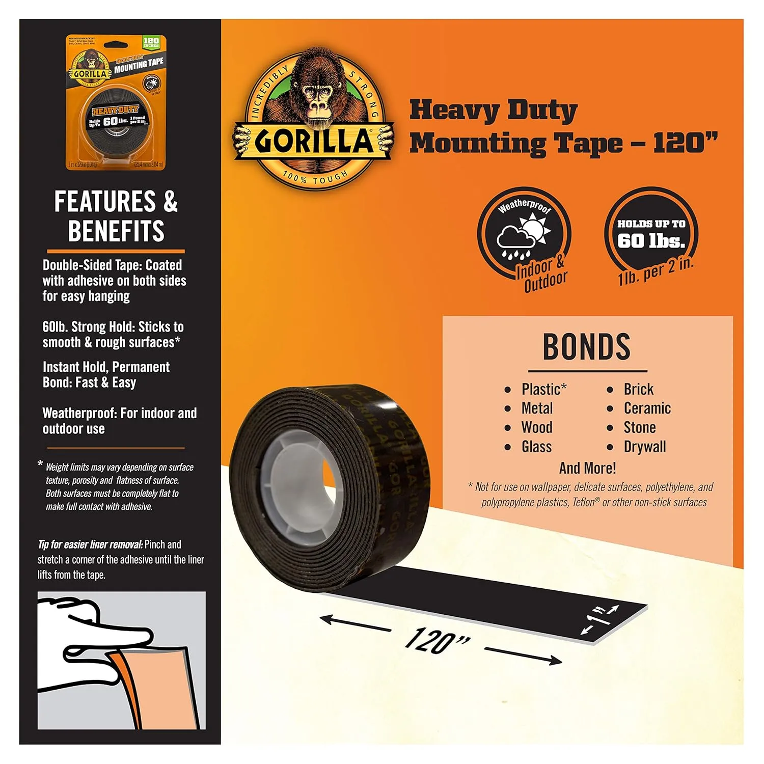 Gorilla Heavy Duty Double Sided Mounting Tape, Black Tape, 1" x 120" (Pack of 2) - Weatherproof for Indoor or Outdoor