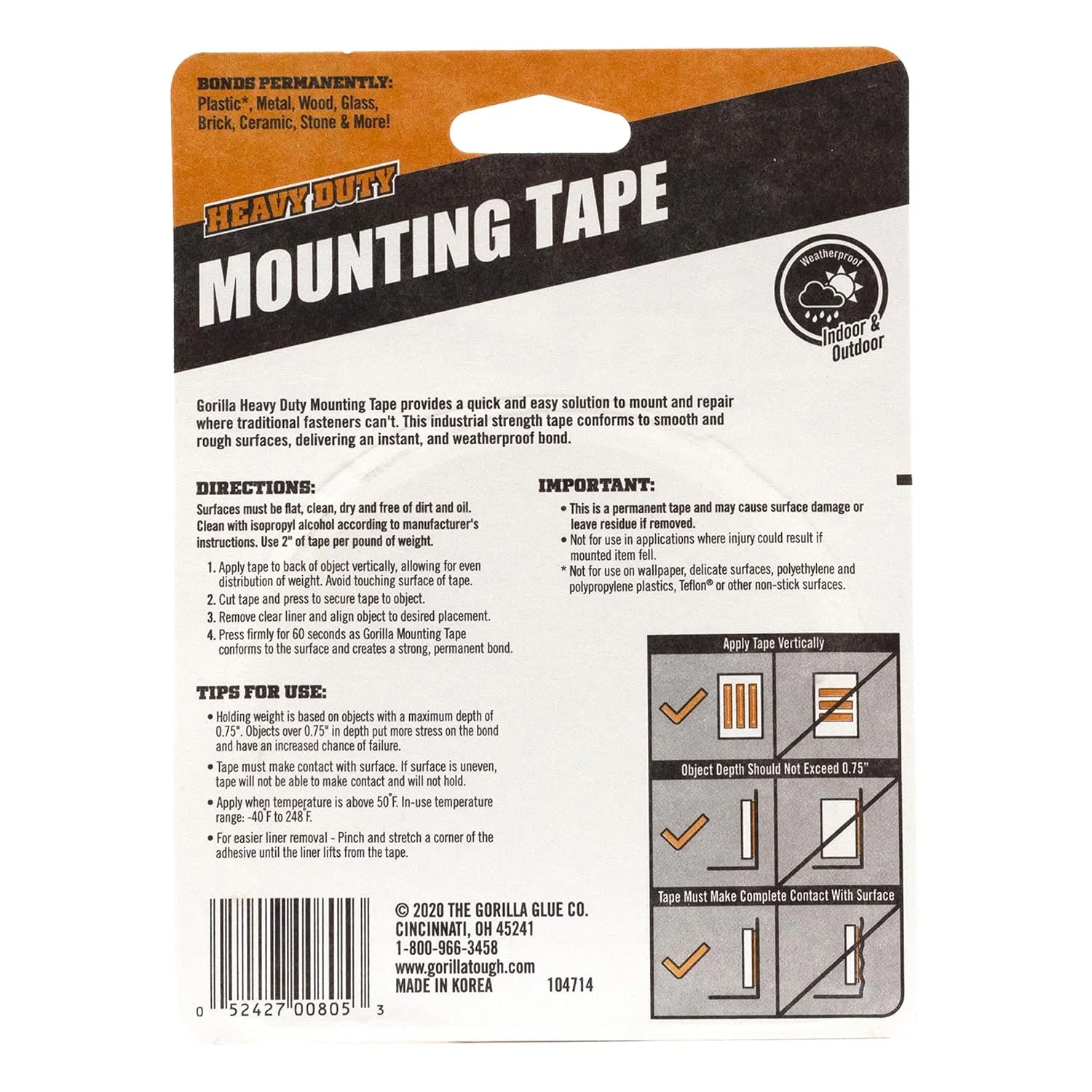 Gorilla Heavy Duty Double Sided Mounting Tape, Black Tape, 1" x 120" (Pack of 4) - Weatherproof for Indoor or Outdoor