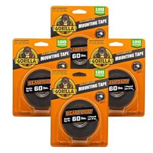 Gorilla Heavy Duty Double Sided Mounting Tape, Black Tape, 1" x 120" (Pack of 4) - Weatherproof for Indoor or Outdoor