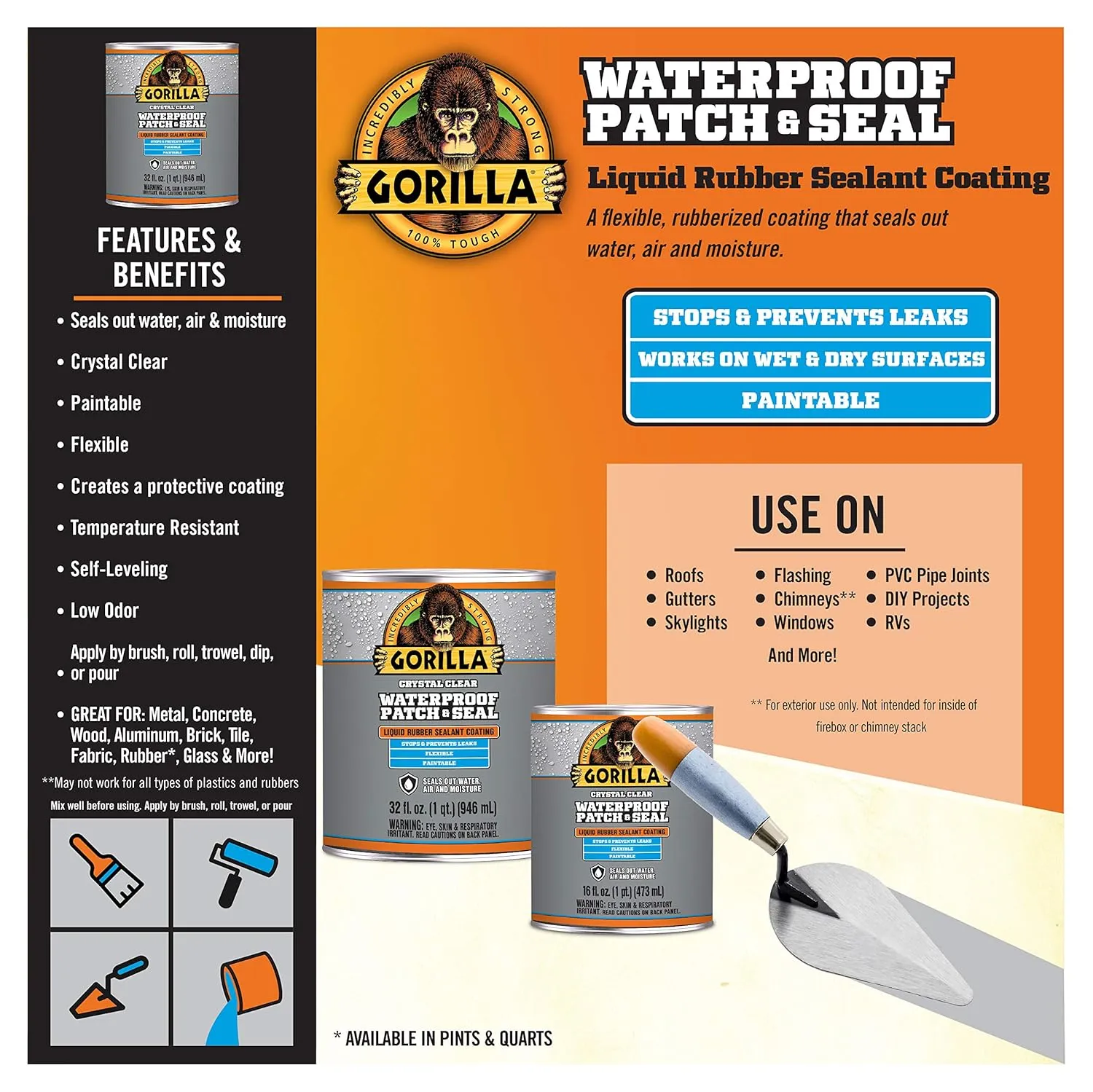 Gorilla Patch & Seal Liquid Rubber Waterproof Sealant, Crystal Clear, 32 Ounce (Pack of 1) - Seals Out Water, Air, and Moisture