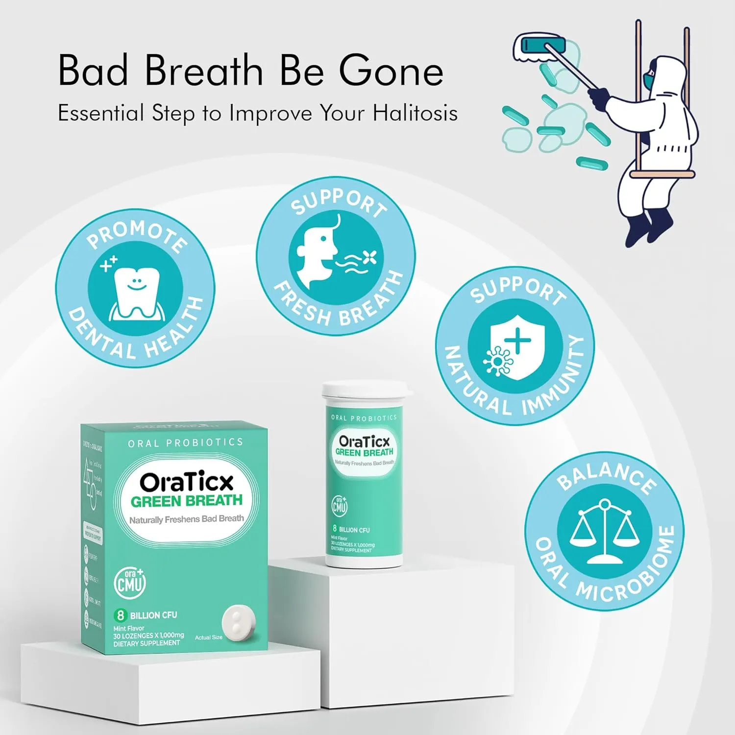 Green Breath Oral Care Probiotics, Naturally Support Freshens Bad Breath & Healthy Mouth, Dental Probiotic Supplement 8 Billion CFU, Mint Flavor 30 Lozenges 1-PK