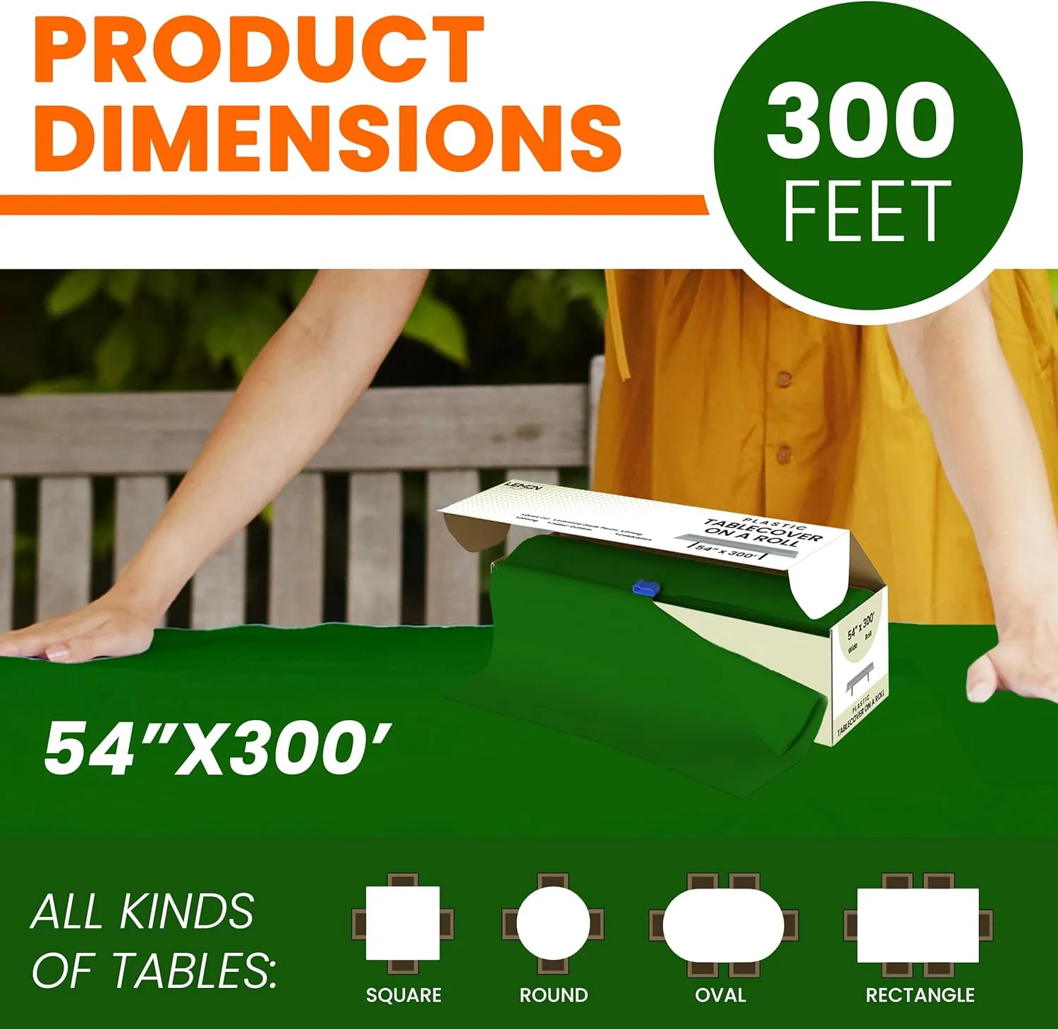Green Premium Plastic Tablecloth Roll - 54" x300' for Parties with Cutter Box - Cut to Size Rectangle & Round Disposable Tablecloth Plastic Table Cover