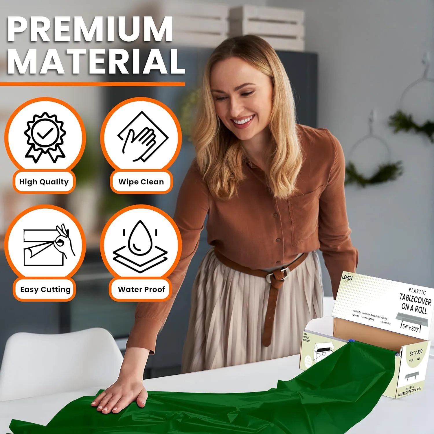 Green Premium Plastic Tablecloth Roll - 54" x300' for Parties with Cutter Box - Cut to Size Rectangle & Round Disposable Tablecloth Plastic Table Cover