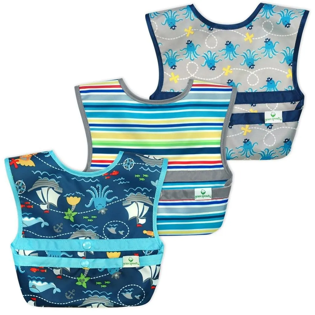green sprouts Snap and Go Easy-wear Bibs for Baby & Toddler (3 pk) | Protection for Messy Eaters | Flipped Pocket, Easy Clean
