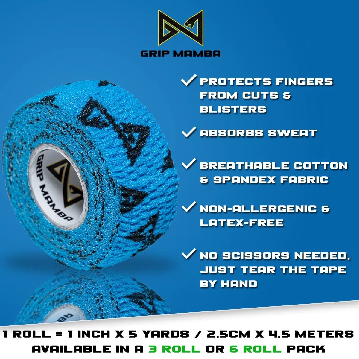 GRIP MAMBA Elastic Athletic Finger Tape, 1”Wide w/Premium Adhesive, Protects Hand Thumb Fingers Enhances Grip, Sleeve Blister Wrap for Sports, Golf, Tennis, Basketball, Pickleball (Blue, 6 Rolls)